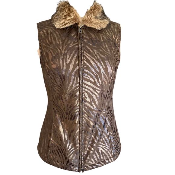 Faux Fur Collar Zebra Print Vest - Picture 2 of 9